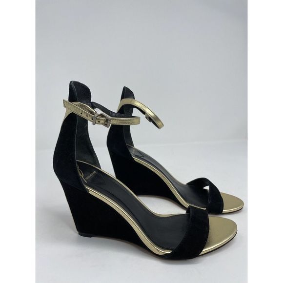 BRIAN ATWOOD Heels Womens 8 Black Suede Wedge Sandals Ankle Strap Gold Detail - Picture 4 of 11